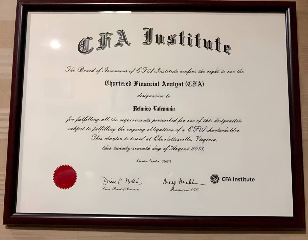 CFA Institute certificate of Belmiro Valcanaia
